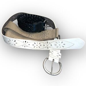 3 Belt Lot, Faded Glory White Embroidered, Black Woven, Tan Canvas Embellished S